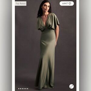 BHLDN Moss Leila Deep-V Flutter-Sleeve Satin A-Line Gown